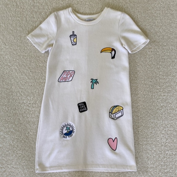 Zara Trafaluc White Short Sleeve Boxy T-Shirt Mini Dress w embroidered patches - Picture 8 of 11